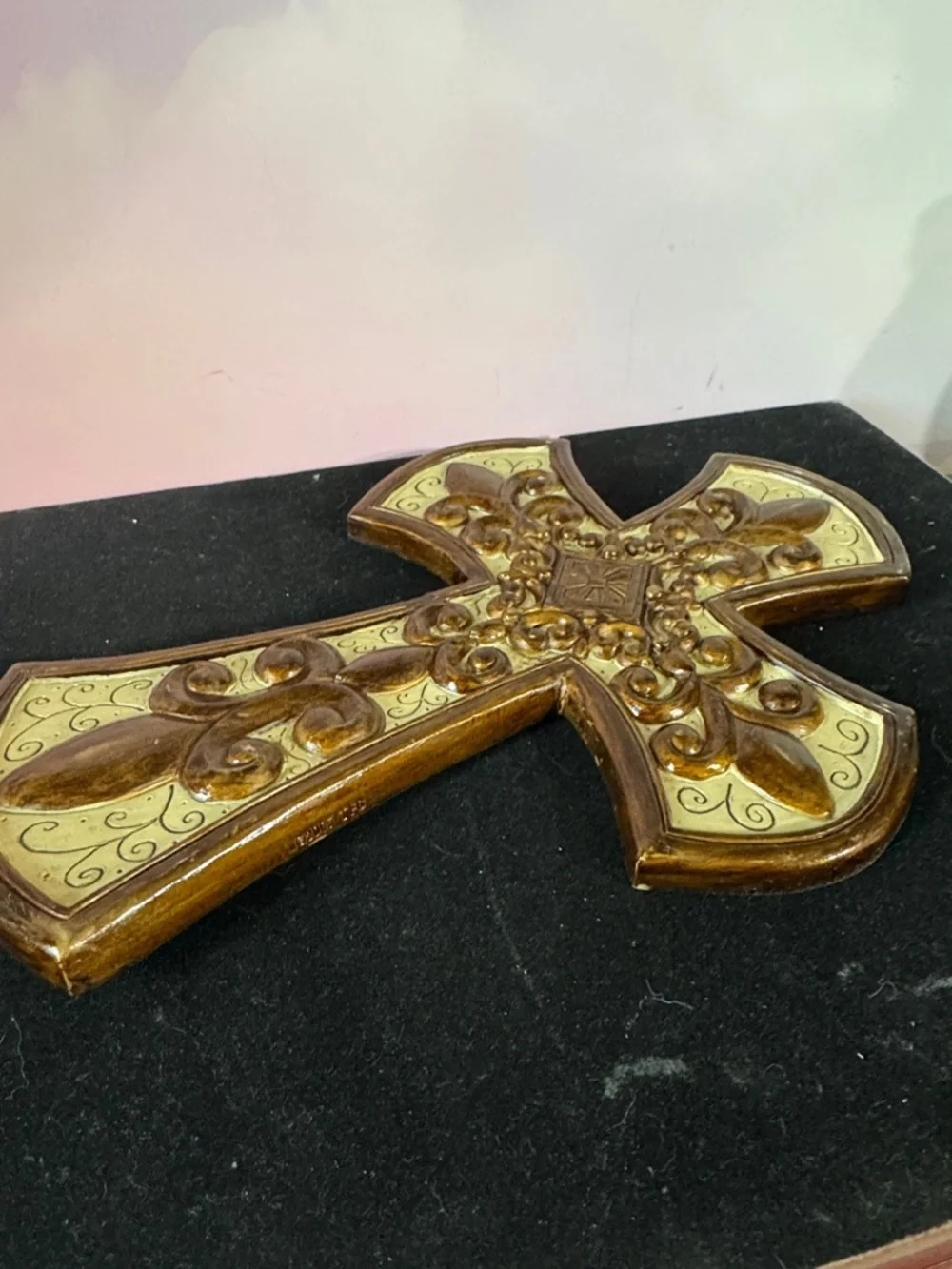Ornate Decorative Wall Cross in Brown and Cream